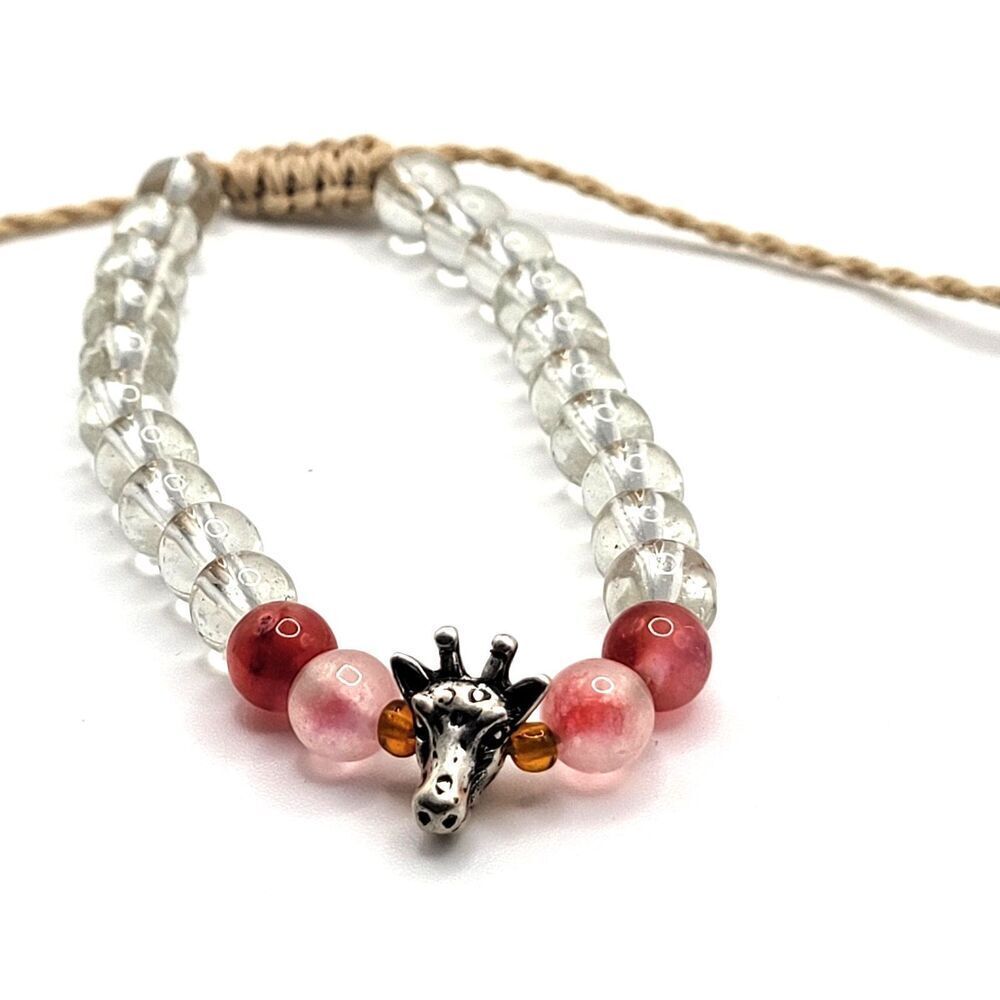 beaded bracelet clear quartz rose quartz silver-toned giraffe charm adjustable